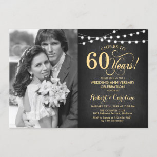 60th Anniversary with Photo - Chalkboard and Gold Invitation