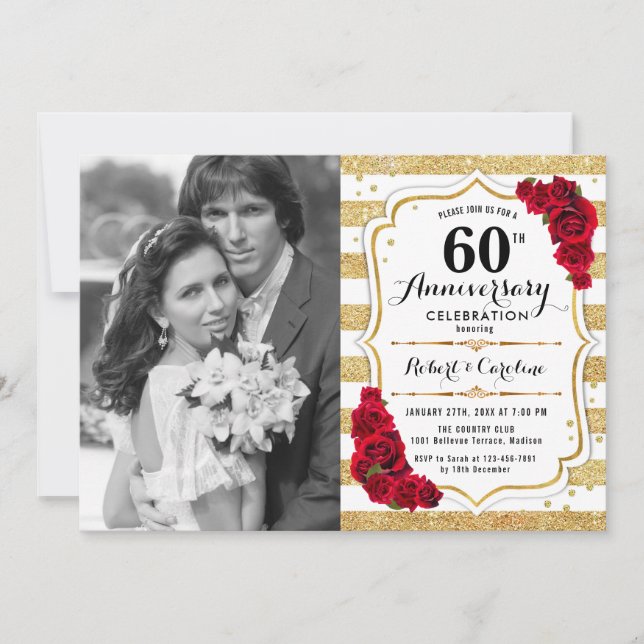 60th Anniversary with Photo - Gold White Red Invitation (Front)