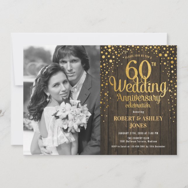60th Anniversary with Photo - Wood Gold Invitation (Front)