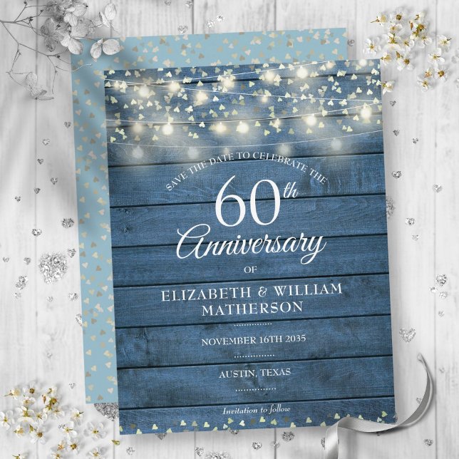 60th Anniversary Wood String Lights Save the Date Announcement Postcard (60th Anniversary Wood String Lights Save the Date Announcement Postcard)