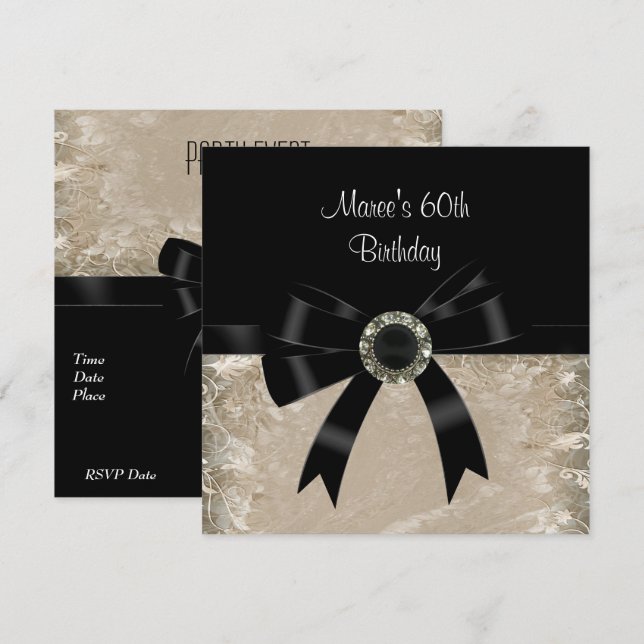 60th Antique Paper Black Diamond Jewel Bow Invitation (Front/Back)