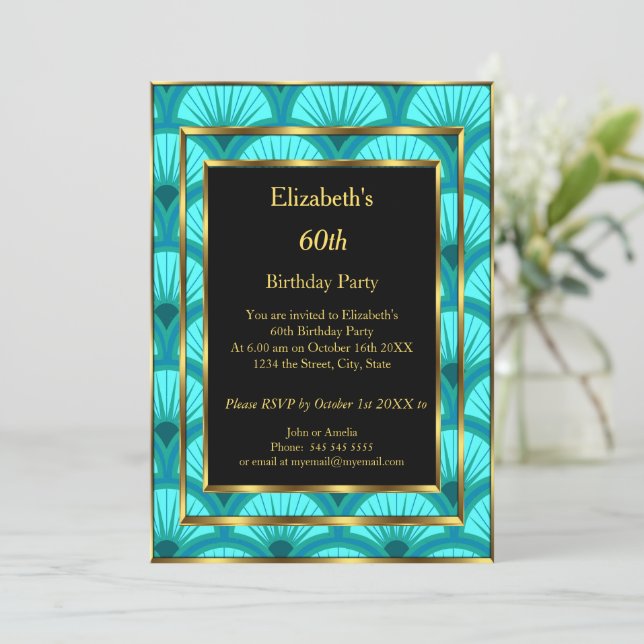 60th Art Deco Birthday Party Teal Blue Black Invitation (Standing Front)