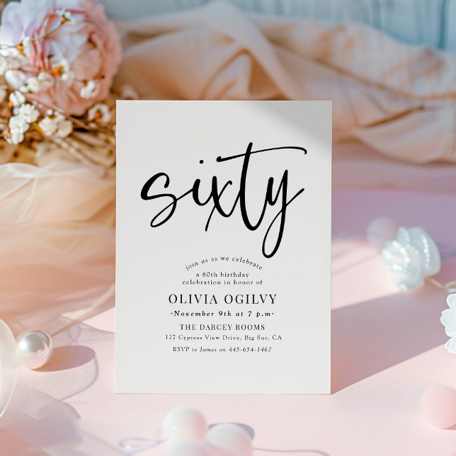 60th B&W Birthday Party Modern Script Typography Invitation (Creator Uploaded)