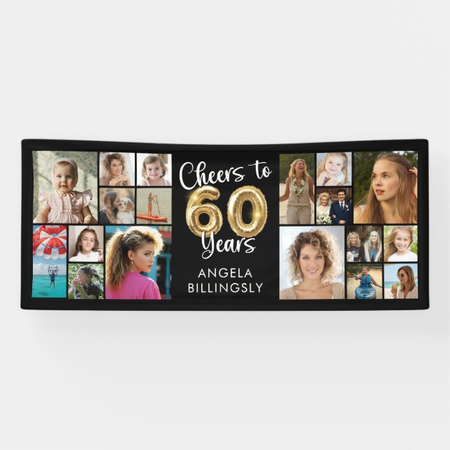 60th Birthday 18 Photo Collage Cheers to 60 Years Banner (Horizontal)
