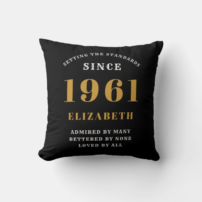 60th Birthday 1961 Black Gold lady's Personalised Cushion (Front)