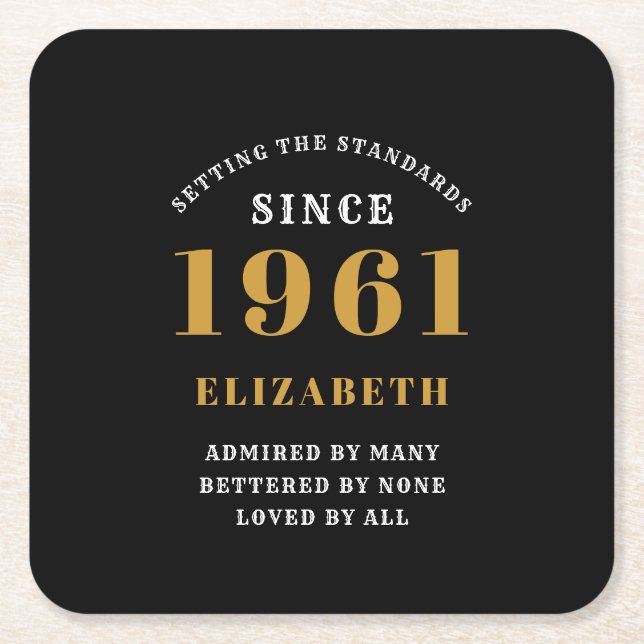 60th Birthday 1961 Black Gold lady's Personalised Square Paper Coaster (Front)