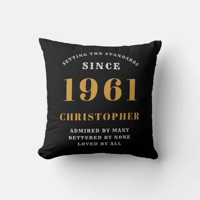 60th Birthday 1961 Black Gold Men's Personalised Cushion (Front)
