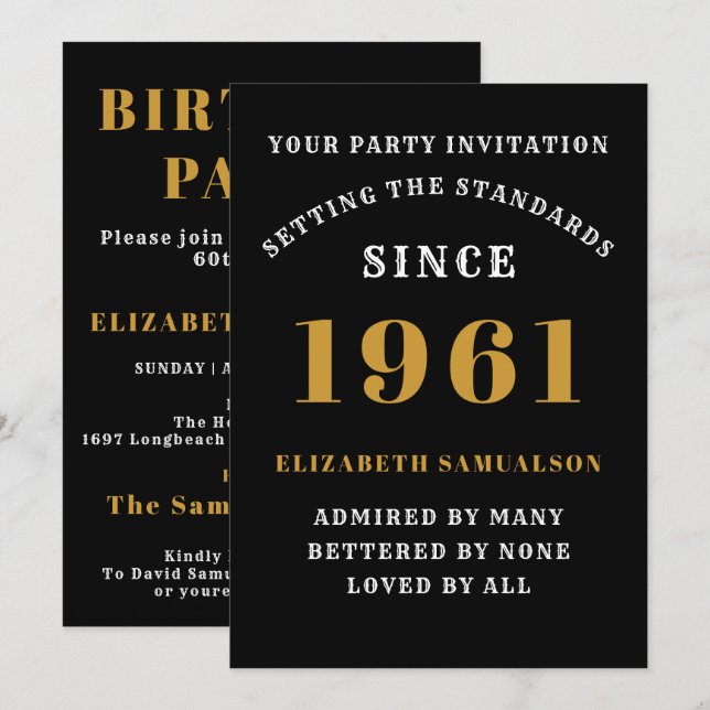60th Birthday 1961 Black Gold Personalised For Her Invitation (Front/Back)