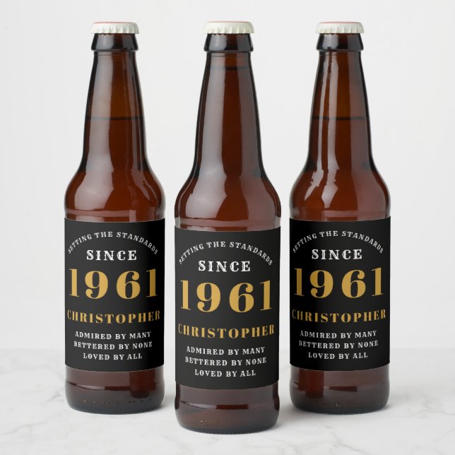 60th Birthday 1961 Black Gold Retro Personalised Beer Bottle Label (Bottles)