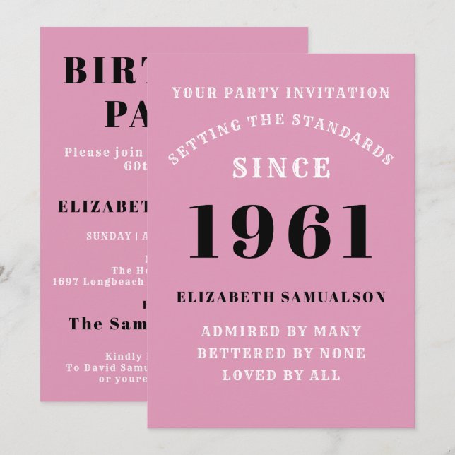 60th Birthday 1961 Black Pink Personalised For Her Invitation (Front/Back)