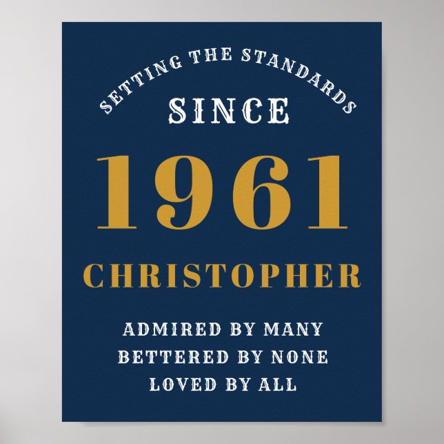 60th Birthday 1961 Blue Gold For Him Personalised Poster (Front)