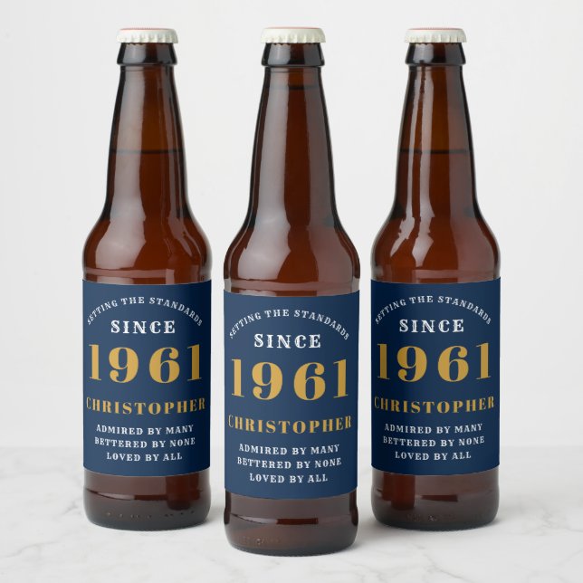 60th Birthday 1961 Blue Gold Retro Personalised Beer Bottle Label (Bottles)