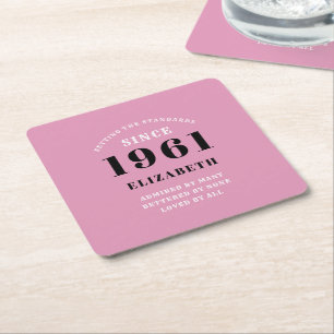 60th Birthday 1961 Pink Black lady's Personalised Square Paper Coaster