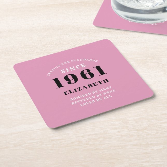 60th Birthday 1961 Pink Black lady's Personalised Square Paper Coaster (Angled)