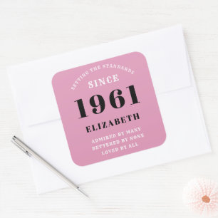 60th Birthday 1961 Pink Black lady's Personalised Square Sticker