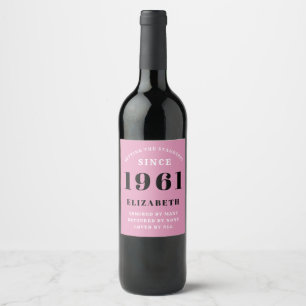 60th Birthday 1961 Pink Black lady's Personalised Wine Label