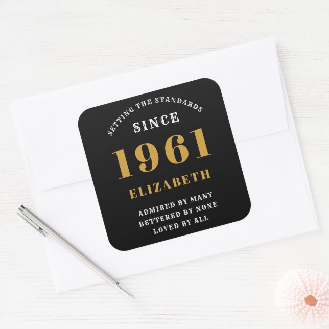 60th Birthday 1961 Red Black lady's Personalised Square Sticker (Envelope)