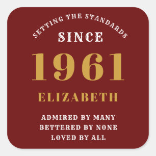 60th Birthday 1961 Red Gold lady's Personalised Square Sticker