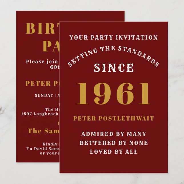 60th Birthday 1961 Red Gold Personalised For Him Invitation (Front/Back)