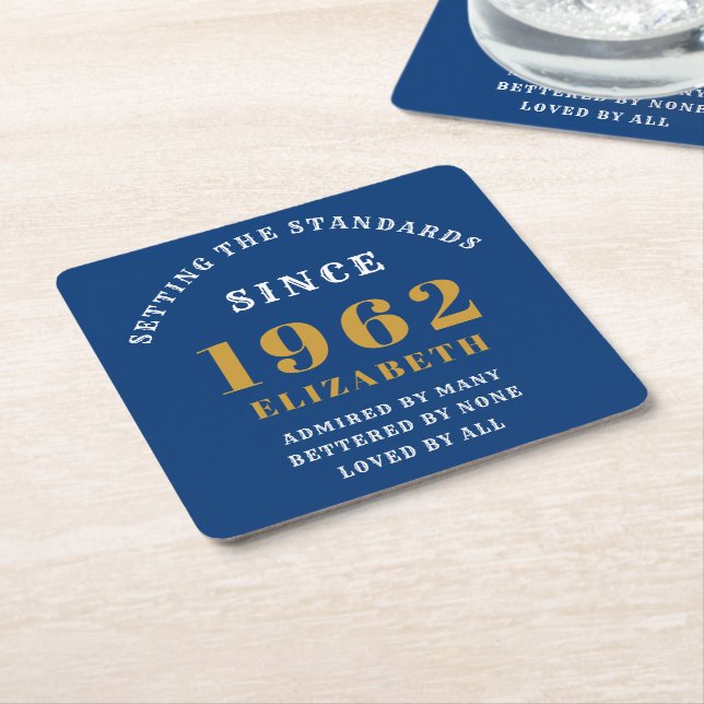 60th Birthday 1962 Elegant Blue Gold Chic Square Paper Coaster (Angled)
