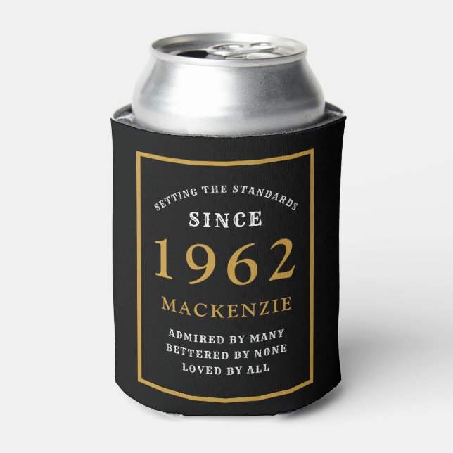 60th Birthday 1962 Name Elegant Chic Black Gold Can Cooler (Can Front)