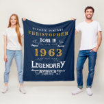 60th Birthday 1963 Add Name Legend Retro Blue Gold Fleece Blanket<br><div class="desc">Birthday vintage design "Original Quality Legendary Inspiration" fleece blanket. Add the name and year as desired in the template fields creating a unique birthday celebration item. Team this up with the matching gifts,  party accessories,  and clothing available in our store www.zazzle.com/store/thecelebrationstore</div>