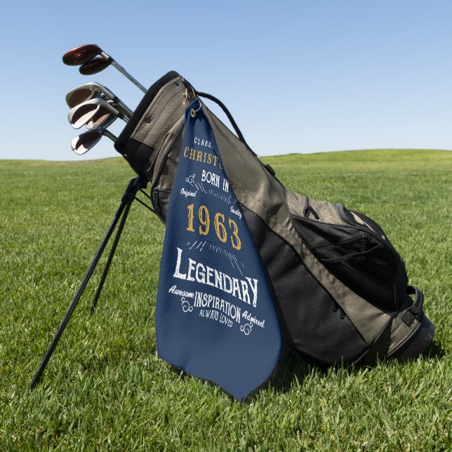 60th Birthday 1963 Add Name Retro Legend Blue Gold Golf Towel (Green)