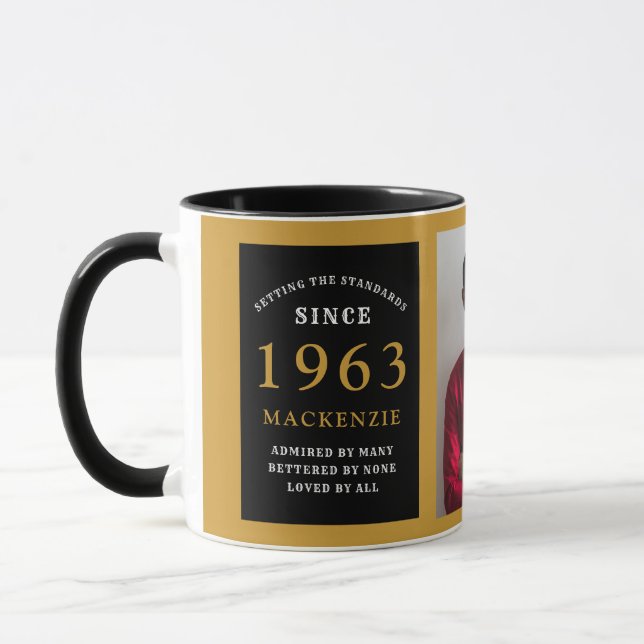 60th Birthday 1963 Black Gold Add Name Photo Mug (Left)