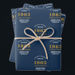 60th Birthday 1963 Blue Gold Add Name Wrapping Paper Sheet<br><div class="desc">A personalised wrapping paper design for that birthday celebration for a special person. Add the name to this vintage retro style blue and gold design for a custom birthday gift. Easily edit the name and year with the template provided. A wonderful custom birthday gift. More gifts and party supplies for...</div>