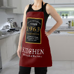 60th Birthday 1963 Name Elegant Black Gold Red Apron<br><div class="desc">Celebrate a milestone birthday with this personalised burgundy apron! Perfect for the cook or baker in your life, this apron makes for a special gift for someone turning 60. With personalised print, this apron is sure to be a hit. Not only is it stylish and classic, but it's also washable....</div>