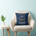 60th Birthday 1963 Retro Blue Gold Legendary Cushion<br><div class="desc">For those celebrating their birthday we have the ideal home decoration accessory. The blue background with a white and gold vintage typography design design is simple and yet elegant with a retro feel. Easily customize the text of this birthday gift using the template provided. More gifts and party supplies available...</div>