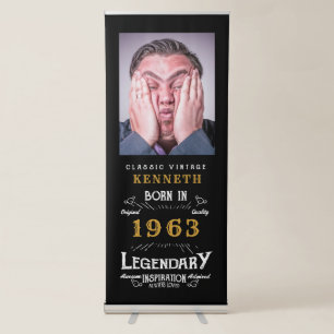 60th Birthday 1963 Vintage Black Gold Name Photo Retractable Banner