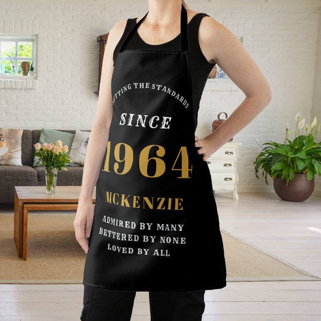 60th Birthday 1964 Name Chic Elegant Black Gold Apron (Elegant Black & Gold Chic Apron - 60th Birthday 1964 Name Personalized Kitchen & BBQ Essentials.)