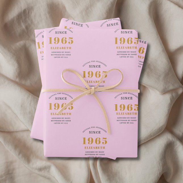 60th Birthday 1965 Add Name Pink Grey Wrapping Paper Sheet (60th birthday personalized pink wrapping paper.)