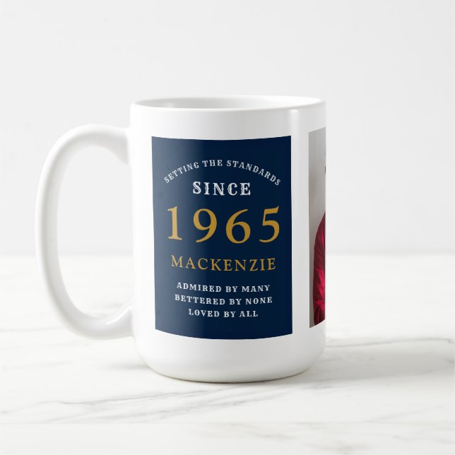60th Birthday 1965 Blue Gold Add Name Photo Large Coffee Mug (Left)
