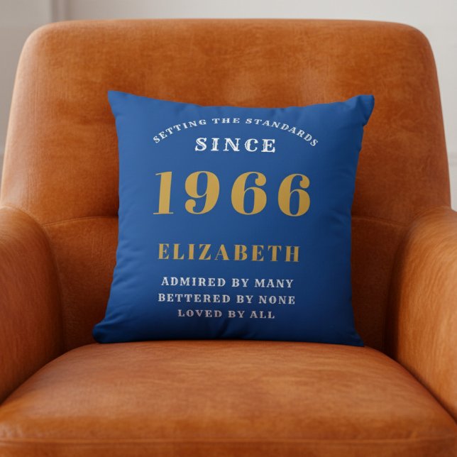 60th Birthday 1966 Add Name Blue Gold Personalized Cushion (Blue 1966 throw pillow on orange chair.)