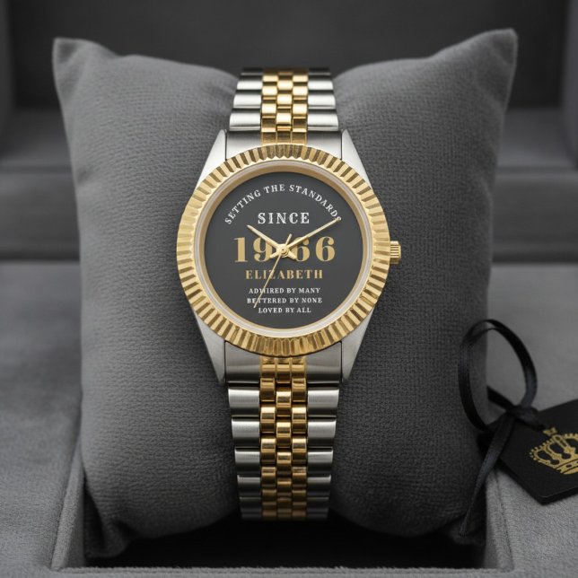 60th Birthday 1966 Elegant Black White Chic Watch (Born 1966 birthday watch on a dark display cushion.)