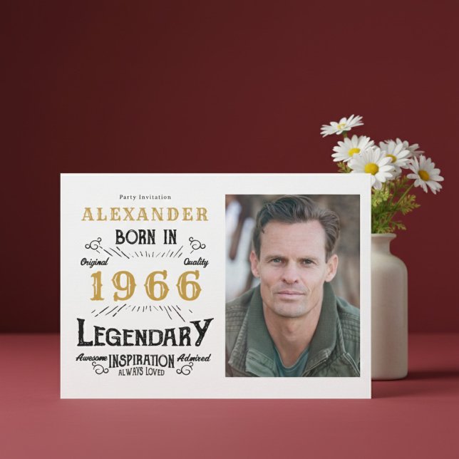 60th Birthday 1966 Legend White & Gold Photo Invitation (Born 1966 birthday invitation.)