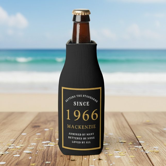 60th Birthday 1966 Name Elegant Chic Black Gold Bottle Cooler (Born 1966 bottle cooler. Beach background.)