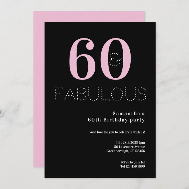 60th Birthday 60 and Fabulous Black Pink Party Invitation (Front/Back)