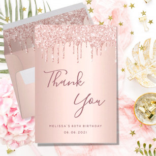 60th birthday 60 rose gold glitter drips glamorous thank you card