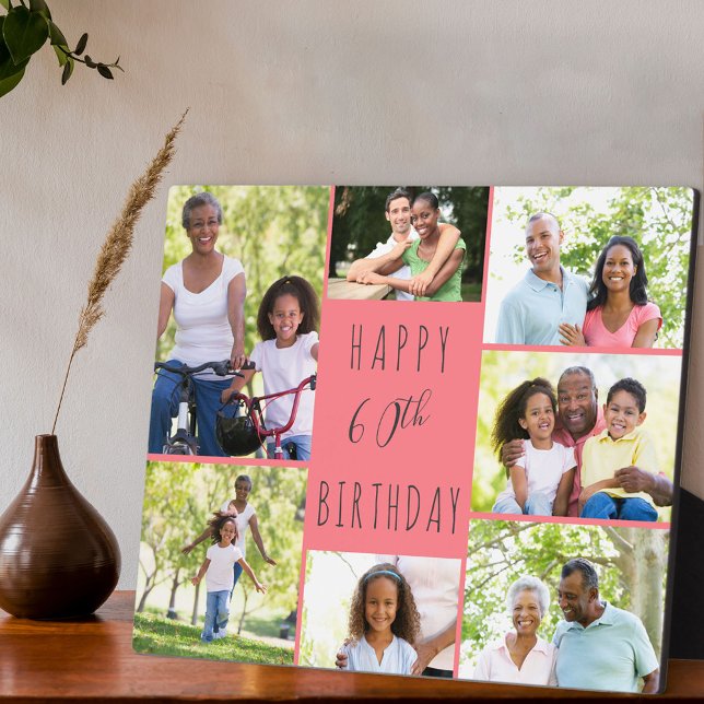 60th Birthday 7 Photo Collage Coral Grey Plaque (Creator Uploaded)