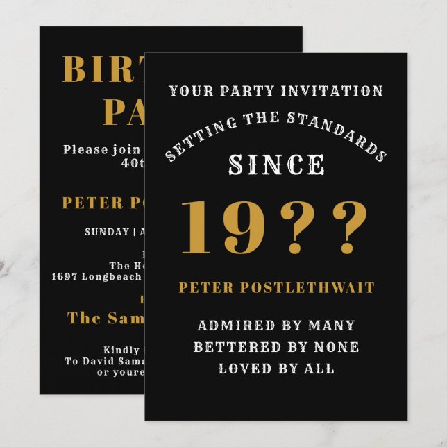 60th Birthday Add Name Year Black Gold For Him Invitation (Front/Back)