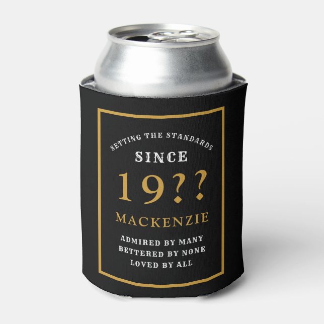 60th Birthday Add Name Year Elegant Black Gold Can Cooler (Can Front)