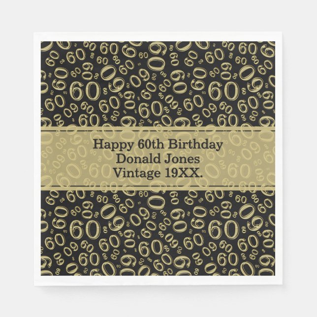 60th Birthday Age Number Pattern Gold/Black Napkin (Front)