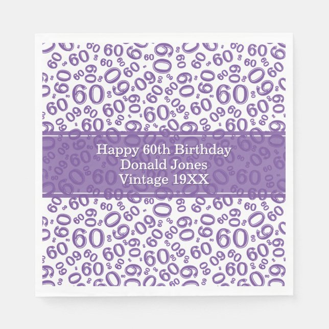 60th Birthday Age Number Pattern Purple/White Napkin (Front)