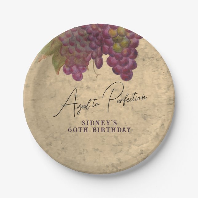 60th Birthday Aged to Perfection Wine Theme Paper Plate (Front)