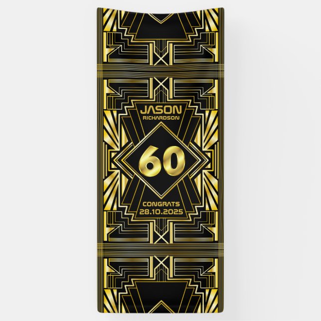 60th Birthday Art Deco Gold Black Great Gatsby Banner (Vertical)