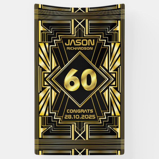 60th Birthday Art Deco Gold Black Great Gatsby Banner (Vertical)