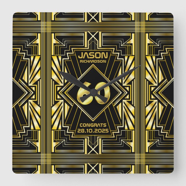 60th Birthday Art Deco Gold Black Great Gatsby Square Wall Clock (Front)